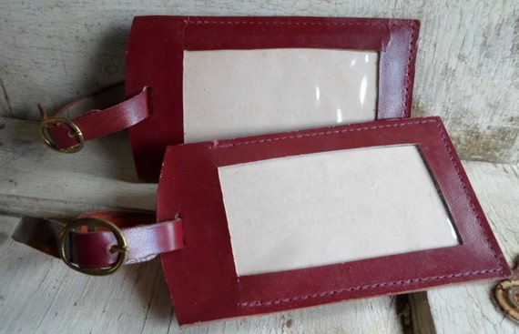 Leather Luggage Tags, Large, NOS, 2 Tags, Burgund… - image 1