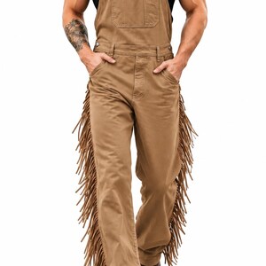 Western-fringe herenoverall – rustiekbruine cowboy-overall met bretels | Vintage Ranch Workwear-jumpsuit | Handgemaakte outfit in landelijke stijl HorseRide