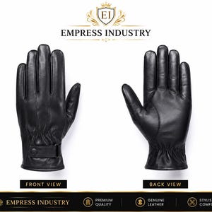 Könnte beinhalten: Ein Paar schwarze Lederhandschuhe, von vorne und hinten abgebildet. Die Vorderansicht zeigt einen Handgelenkriemen mit Druckknopfverschluss. Die Rückansicht zeigt ein gerafftes elastisches Detail am Handgelenk. Der Text Empress Industry steht oben.