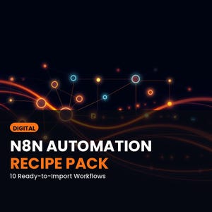 May include: A digital N8N Automation Recipe Pack featuring 10 ready-to-import workflows. The graphic displays a dark background with glowing orange and blue nodes connected by thin lines, accompanied by flowing orange light trails and white text.