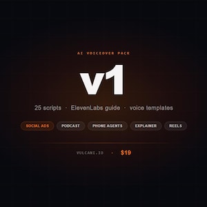 Op de afbeelding: Een digitale afbeelding met de tekst "AI VOICEOVER PACK" en "v1". Daaronder staat "25 scripts, ElevenLabs guide, voice templates". Knoppen lezen "SOCIAL ADS, PODCAST, PHONE AGENTS, EXPLAINER, REELS". De achtergrond is donkeroranje.