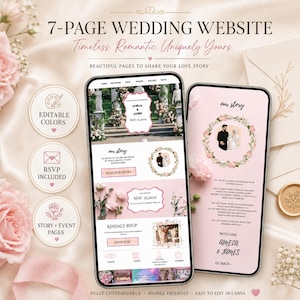 Może przedstawiać: Dwa smartfony prezentują projekt strony internetowej ślubnej w kolorach różu i bieli. Projekt zawiera elementy kwiatowe oraz tekst "7-PAGE WEDDING WEBSITE" i "RSVP INCLUDED". Strona opisana jako "Timeless. Romantic. Uniquely Yours."