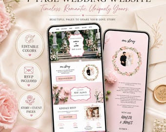 Wedding Website Template with RSVP, Editable Canva Wedding Website, Pink Floral Digital Invitation, Luxury Garden Wedding Site,
