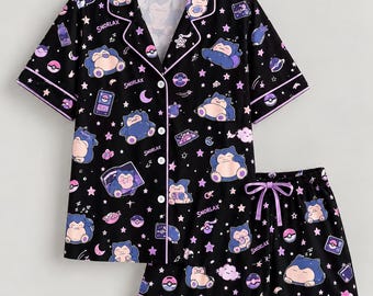 Snorlax Pajama Set, Pokemon Sleepwear Shorts Set, Anime Matching PJs, Cute Ghost Type Loungewear, Cozy Custom Pajamas Gift for Her Him