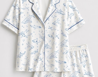Women’s Shark Print Pajama Set Ocean Theme Short Sleeve Sleepwear Lounge Set