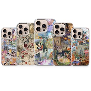 May include: Five smartphone cases with Disney-themed designs. Each case features a different collage of Disney characters, scenes, and text. The cases have a clear border and are designed to fit a smartphone.