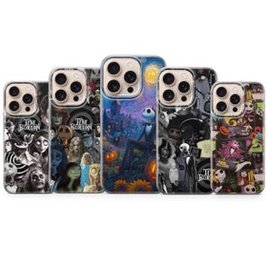 May include: Five phone cases with various designs featuring characters and scenes from Tim Burton's "The Nightmare Before Christmas" and other films. The cases showcase a variety of colors and artistic styles, including Jack Skellington and Sally.