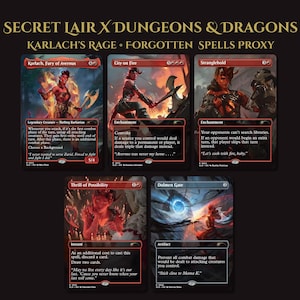 May include: Five Secret Lair x Dungeons & Dragons trading cards titled Karlach's Rage and Forgotten Spells Proxy. The cards feature red and black borders with fantasy illustrations of characters and spells, including Karlach, Fury of Avernus.