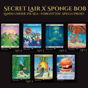 May include: A collection of seven Secret Lair x SpongeBob trading cards titled Lands Under the Sea and Forgotten Spells Proxy. The cards feature colorful illustrations of Bikini Bottom landscapes, including a pineapple house, a burger, and jellyfish.