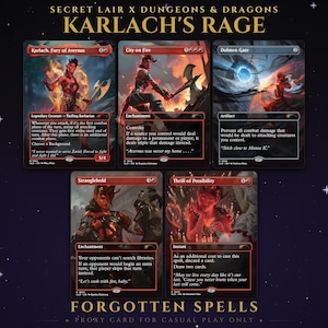 May include: A collection of five Magic: The Gathering trading cards titled Secret Lair x Dungeons & Dragons Karlach's Rage. The cards feature red and black borders with illustrations of the character Karlach in various action poses and settings.