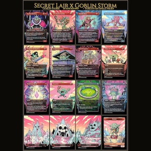 May include: A collection of sixteen Magic: The Gathering trading cards titled Secret Lair x Goblin Storm. The cards feature colorful, cartoon-style illustrations of goblins, mountains, and artifacts with red, pink, and blue color palettes.