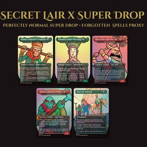May include: A Secret Lair X Super Drop set featuring five illustrated trading cards titled Monkey, Awakened to Emptiness, Tripitaka, Seeker from Tang, Pigsy of the Light Precepts, Sandy, Awakened to Purity, and Quest for Renewal with colorful art.