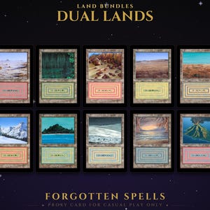 May include: A collection of ten rectangular trading cards titled Land Bundles Dual Lands and Forgotten Spells. Each card features a unique landscape illustration in the upper section and a series of concentric colored rectangles in the lower section.