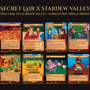Op de afbeelding: Een verzameling van acht rechthoekige ruilkaarten getiteld Secret Lair x Stardew Valley. Elke kaart bevat pixel art-illustraties van personages en scènes uit het spel, met oranje randen en gedrukte tekst op de voorzijde.
