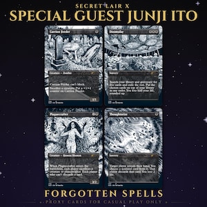 May include: A set of four Magic: The Gathering cards titled Secret Lair x Special Guest Junji Ito Forgotten Spells. The cards feature black and white illustrations of Carrion Feeder, Doomsday, Plaguecrafter, and Thoughtseize with text.