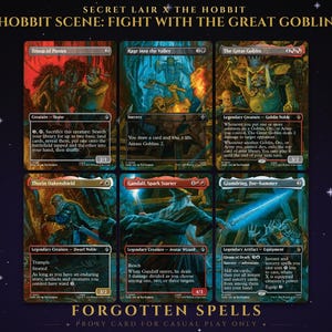May include: A collection of six Secret Lair x The Hobbit trading cards titled Fight with the Great Goblin. The cards feature illustrations of Troop of Ponies, Rage into the Valley, The Great Goblin, Thorin Oakenshield, Gandalf, Spark Starter, and Glamdring, foe-hammer.