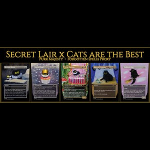 May include: A collection of five Magic: The Gathering cards titled Secret Lair x Cats Are The Best. Each card features a black cat illustration, including Reiterate, Court of Grace, Queen Marchesa, Ruinous Ultimatum, and Windborn Muse.