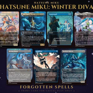 May include: A collection of seven Hatsune Miku: Winter Diva trading cards featuring illustrated characters with blue hair in various fantasy settings. Each card displays specific game text, power and toughness stats, and card titles like Beloved Princess, Miku Queen Electric, Counterspell, Miku Font of Pop, Scrying Sheets, Swan Song, and Youthful Valkyrie.