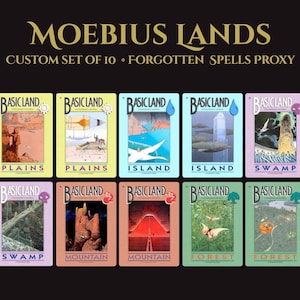 May include: A set of 10 Moebius Lands custom proxy cards featuring various landscapes. Each card displays the text Basic Land, the land type, and a unique illustration. The set includes two Plains, two Islands, two Swamps, two Mountains, and two Forests.