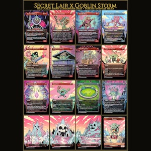 Peut inclure: Une collection de cartes à collectionner Secret Lair x Goblin Storm présentant des illustrations colorées de gobelins et de paysages fantastiques. L'ensemble comprend diverses cartes de créatures et de sorts avec du texte, organisées en grille.