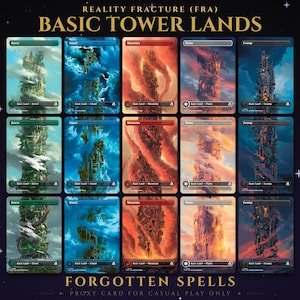 May include: A collection of fifteen fantasy trading cards titled Reality Fracture (FRA) Basic Tower Lands and Forgotten Spells. The cards are arranged in a grid, featuring tall, intricate tower illustrations in green, blue, red, orange, and dark purple color palettes.