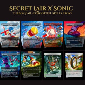 Op de afbeelding: Een verzameling van acht Secret Lair x Sonic ruilkaarten met illustraties van personages en voorwerpen zoals Tornado, Piko Piko Hammer, Knuckles Gloves, Power Sneakers, Egg Hammer, Air Shoes, Egg Pawn en een gouden Treasure-ring.