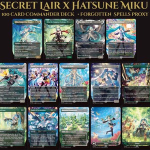 以下が含まれることがあります： Secret Lair x Hatsune Miku 100枚の統率者デッキとForgotten Spellsプロキシカード。このコレクションには、様々なシーンやポーズで描かれた初音ミクの鮮やかなイラストが施されたトレーディングカードが多数含まれています。