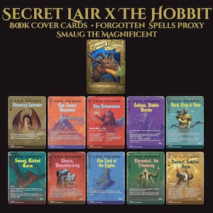 May include: A collection of Secret Lair x The Hobbit trading cards featuring Smaug the Magnificent and various characters. The cards display book cover art, titles like The Lonely Mountain and The Arkenstone, and game text on a dark background.