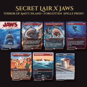 May include: A collection of seven Magic: The Gathering trading cards themed around the movie Jaws, featuring artwork of sharks, beach scenes, and nautical elements. The cards are titled Secret Lair x Jaws, Terror of Amity Island, and Forgotten Spells Proxy.