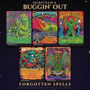 May include: A set of five Magic: The Gathering proxy cards titled Secret Lair x Buggin' Out. The cards feature vibrant, psychedelic illustrations of insects and monsters in green, purple, and orange hues, with text including Grist, the Hunger Tide.