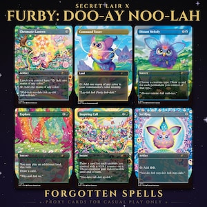 May include: A collection of six Magic: The Gathering proxy cards titled Secret Lair x Furby: Doo-Ay Noo-Lah. The cards feature colorful, illustrated Furby characters in various settings, including Chromatic Lantern, Command Tower, Distant Melody, Explore, Inspiring Call, and Sol Ring, all set against a dark background.