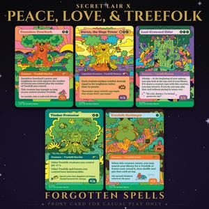 May include: A set of five Magic: The Gathering cards titled Secret Lair x Peace, Love, & Treefolk. Each card features colorful, psychedelic illustrations of tree-like creatures with text detailing game abilities and names like Dauntless Dourbark, Doran, the Siege Tower, Leaf-Crowned Elder, Timber Protector, and Treefolk Harbinger.
