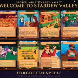 Könnte beinhalten: Eine Sammlung von acht Secret Lair x Stardew Valley Sammelkarten, angeordnet in zwei Reihen. Die Karten zeigen Pixel-Art-Illustrationen, orangefarbene Ränder und Spieltext. Der obere Text lautet "SECRET LAIR X STARDEW VALLEY WELCOME TO STARDEW VALLEY" und der untere Text "FORGOTTEN SPELLS PROXY CARD FOR CASUAL PLAY ONLY."