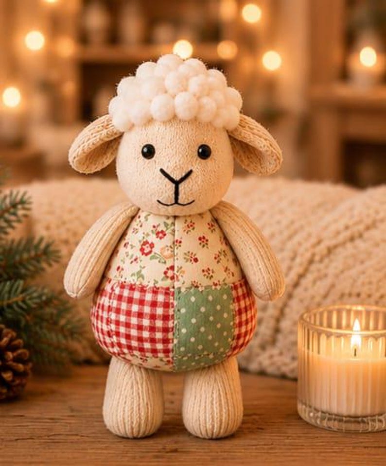 Pu&ograve; includere: Un peluche a forma di pecora con corpo testurizzato color crema, orecchie pendenti e testa decorata con pon-pon bianchi. Il busto presenta un design patchwork con tessuti a motivi floreali, a quadretti vichy rossi e a pois verdi.