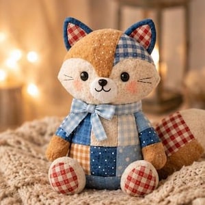 May include: A handcrafted fox soft toy with a patchwork design. The fox has a tan and white face, blue and red check ears, and a blue bow tie. Its body is a mix of blue, tan, and white fabrics. The fox is sitting on a knitted blanket.