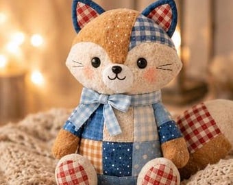Modello per cucire una volpe di peluche a patchwork, modello per animale di peluche del bosco (download in PDF)