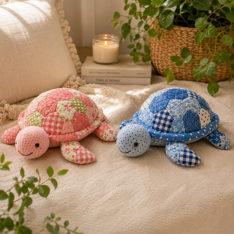 May include: Two stuffed turtle toys made of quilted fabric. One turtle features a pink and green floral and gingham patchwork shell with a matching polka dot head. The other turtle has a blue and white floral and gingham patchwork shell with a matching blue polka dot head. Both have small black eyes and stitched smiles.