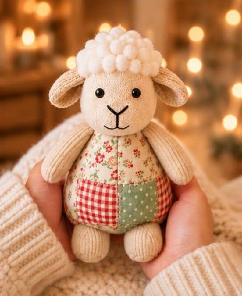 Pu&ograve; includere: Un peluche a forma di pecora con testa e arti in maglia color crema, caratterizzato da una parte superiore testurizzata a pon-pon. Il corpo &egrave; realizzato in tessuto patchwork con motivi floreali, a quadretti rossi e bianchi e a pois verdi.