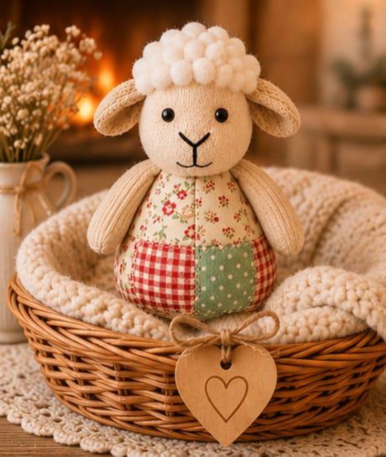 Pu&ograve; includere: Un peluche a forma di pecora con testa fatta di pompon bianchi, braccia in maglia beige e corpo patchwork con motivi a quadretti rossi, pois verdi e fiori. Il giocattolo &egrave; posizionato in un cesto di vimini marrone foderato in tessuto color crema.