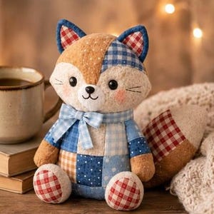May include: A handcrafted fox soft toy with a patchwork design. The fox features a mix of fabrics in shades of brown, blue, and white, with red checkered accents on the ears and feet. It has a blue bow tie and a friendly expression.