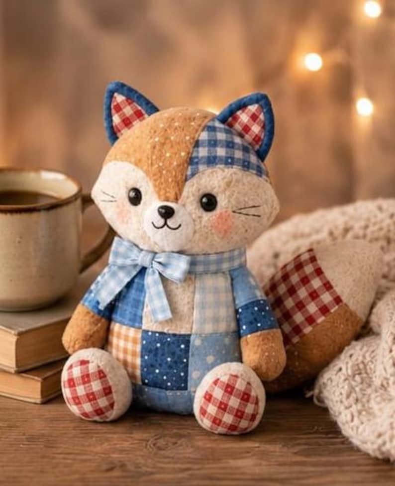 May include: A handcrafted fox soft toy with a patchwork design. The fox features a mix of fabrics in shades of brown, blue, and white, with red checkered accents on the ears and feet. It has a blue bow tie and a friendly expression.