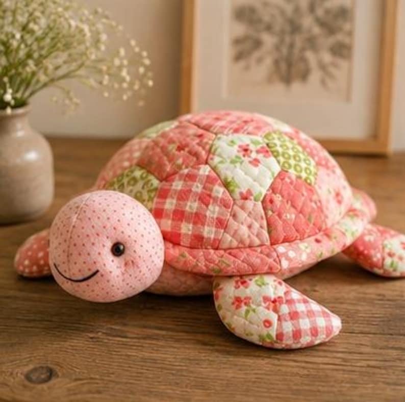 May include: A plush turtle toy featuring a quilted shell made of various pink, red, and white fabric patches with floral, gingham, and polka dot patterns. The head is light pink with small black eyes and a stitched smile, and the flippers match.