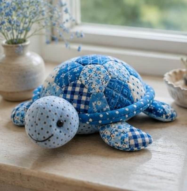 May include: A stuffed turtle toy featuring a patchwork shell made of various blue and white patterned fabrics, including floral, gingham, and polka dot prints. The head is light blue with dark polka dots and a stitched black smile and eye.