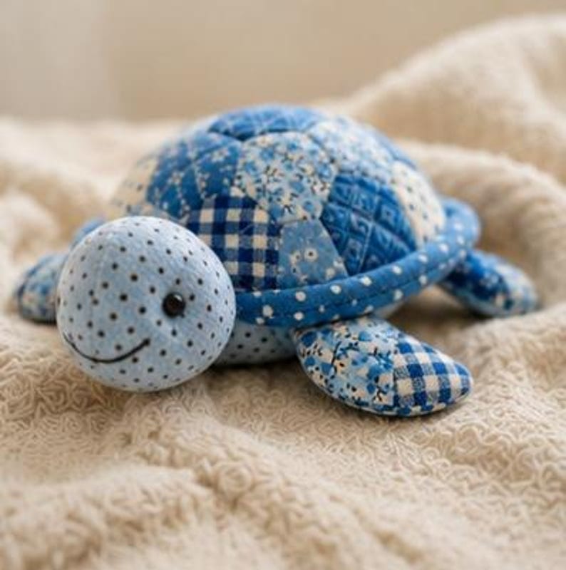 May include: A stuffed turtle toy crafted from various blue and white fabric patches. The shell features a quilted patchwork design with floral, gingham, and polka dot patterns. The head is light blue with small black polka dots and a stitched smile.