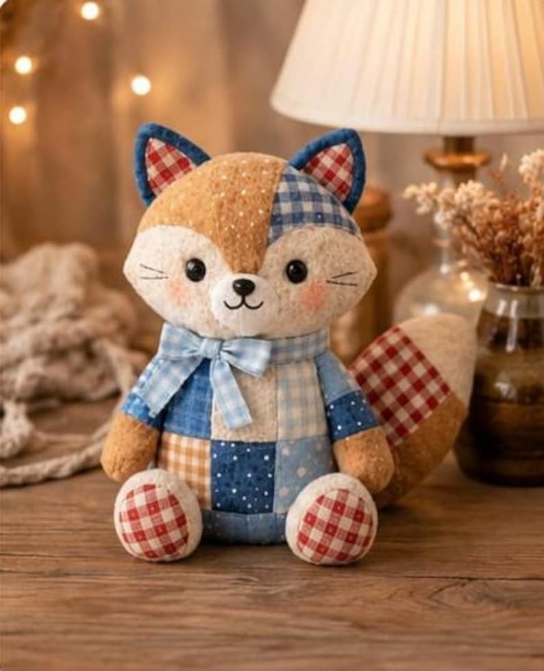 May include: A handmade fox plush toy with a patchwork design. The fox has a brown and white spotted face, blue and red plaid ears, and a blue bow tie. The body is a mix of blue, white, and tan fabrics. The fox's paws are red and white checkered. The toy is on a wooden surface.