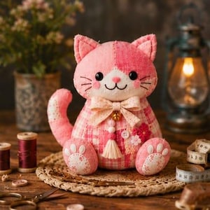 May include: A handmade pink and white patchwork cat plush toy with a bow tie and decorative accents. The cat is sitting on a woven mat, surrounded by sewing supplies, including thread spools and scissors. The cat has embroidered whiskers and paw prints.