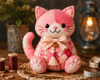 Modello di cucito per gattino patchwork, peluche kawaii fai da te (download PDF)
