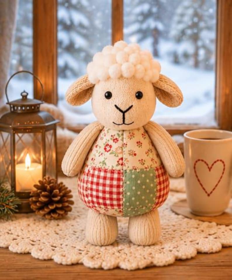 Pu&ograve; includere: Un peluche a forma di pecora con testa testurizzata color crema, orecchie pendenti e corpo rotondo caratterizzato da un design patchwork in tessuto floreale, a quadretti rossi e a pois verdi. La pecora ha occhi e naso ricamati in nero.