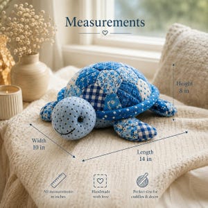 May include: A blue and white patchwork turtle plush toy with a stitched shell pattern. The turtle features a dotted head and limbs. Text indicates measurements of 8 inches in height, 10 inches in width, and 14 inches in length, with the label Measurements.