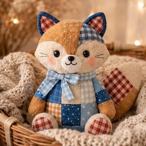 May include: A handcrafted fox soft toy with a patchwork design. The fox has a brown and white spotted head, blue and red checked ears, and a blue bow tie. It rests in a wicker basket on a cream knitted blanket.